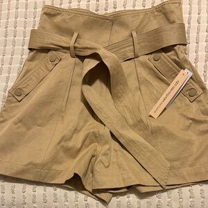 Aqua High-Waist Belted Shorts — Tan